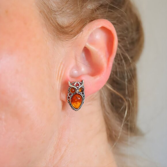 Baltic Amber Owl Stud Earrings in Sterling Silver - Picture 5 of 5